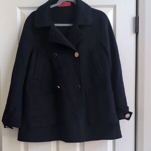 Carolina Herrera Elegant Navy Blue Wool Pea Coat with Metallic Accents